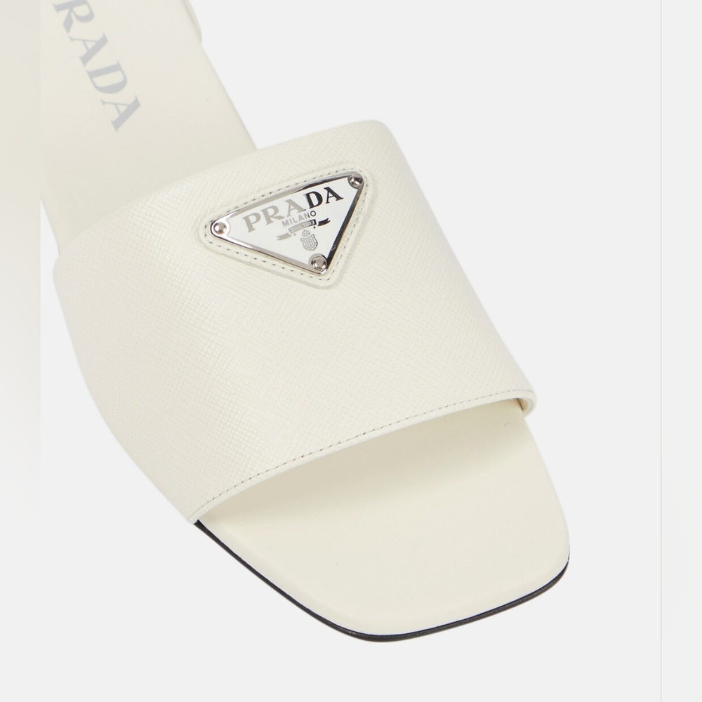 Prada Saffiano Leather Slides White Silver